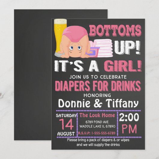 Bottoms Up Luiers voor Drinken Het is een meisje Kaart (Voorkant / Achterkant)