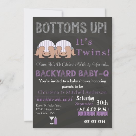 Bottoms Up Twins Baby-Q Baby shower Uitnodiging (Voorkant)