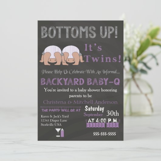 Bottoms Up Twins Baby-Q Baby shower Uitnodiging (Staand voorkant)