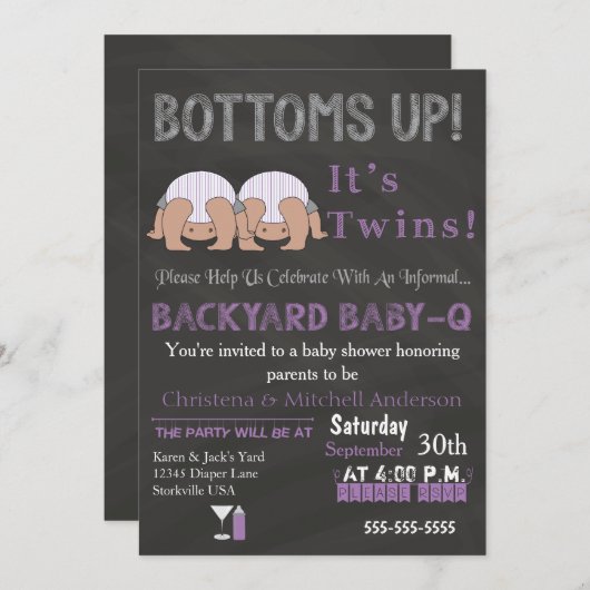 Bottoms Up Twins Baby-Q Baby shower Uitnodiging (Voorkant / Achterkant)