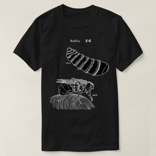 Botvliegenlarva en volwassen zwarte t-shirt (Design voorkant)