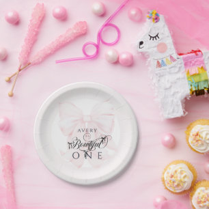 Botwiful One 1st Birthday Pink Bow Girls Papieren Bordje
