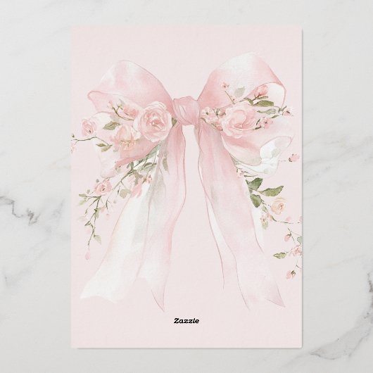 Botwiful One 1st Verjaardag Bloemen Bow Meisjes Folie Uitnodiging (Achterkant)