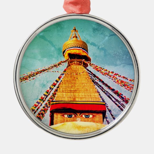 Boudhanath Stupa, Buddha Eyes, Himalaya, Nepal Metalen Ornament (Voorkant)