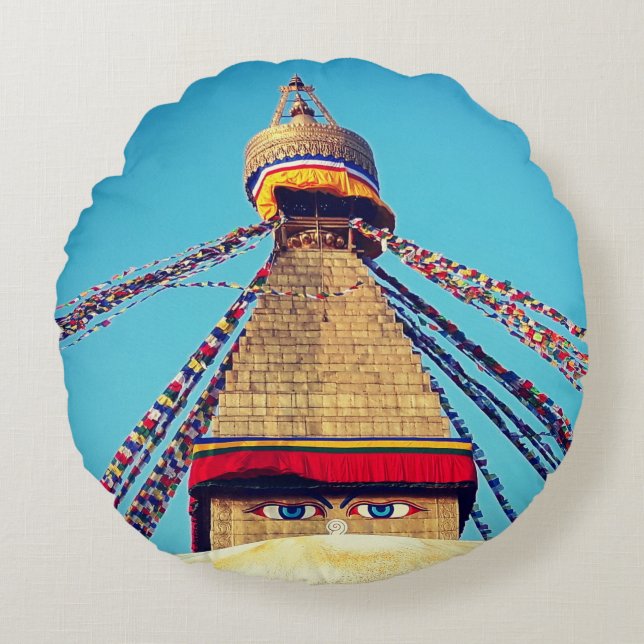 Boudhanath Stupa, Buddha Eyes, Himalaya, Nepal Rond Kussen (Voorkant)