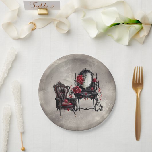 Boudoir | Vanity Mirror en Victoriaans salonstoel Papieren Bordje (Huwelijk)