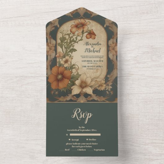  Bougainvillea Art Nouveau bruiloft All In One Uitnodiging (Binnen)