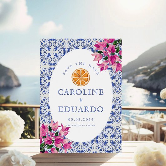 Bougainvillea Blauwe tegel Bruiloft QR Code Save The Date