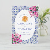 Bougainvillea Blauwe tegel Bruiloft QR Code Save The Date (Staand voorkant)