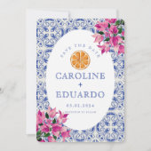 Bougainvillea Blauwe tegel Bruiloft QR Code Save The Date (Voorkant)