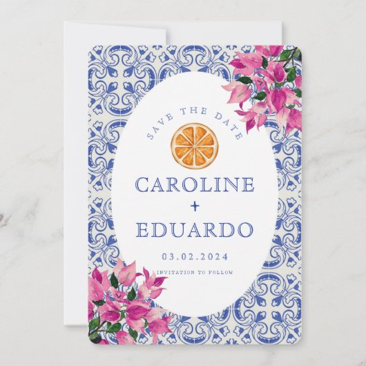 Bougainvillea Blauwe tegel Bruiloft QR Code Save The Date (Voorkant)