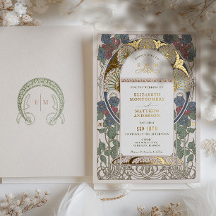 Bougainvillea Bourgondië Blauw Bruiloft Art Nouvea Folie Uitnodiging