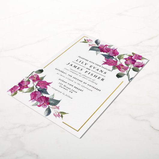 Bougainvillea Burgundy Pink Floral Wedding Folie i Folie Uitnodiging (Gedraaid)