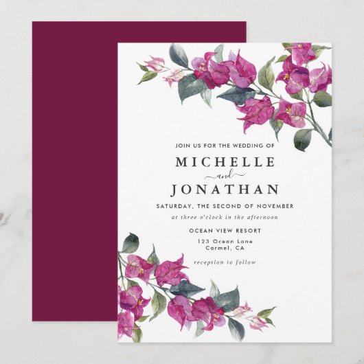 Bougainvillea Burgundy Pink Floral Wedding Kaart (Voorkant / Achterkant)