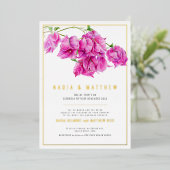 Bougainvillea goudroze paarse waterverf bruiloft folie uitnodiging (Staand Voorkant)
