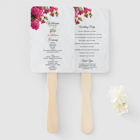 Bougainvillea Greek Island Wedding Programme Handwaaier (Voorkant en achterkant)