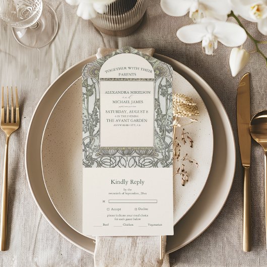 Bougainvillea Green Art Nouveau Mucha Wedding All In One Uitnodiging