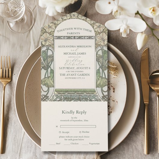 Bougainvillea Green Art Nouveau Mucha Wedding All In One Uitnodiging