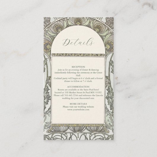 Bougainvillea Green Art Nouveau Mucha Wedding Informatiekaartje (Voorkant)