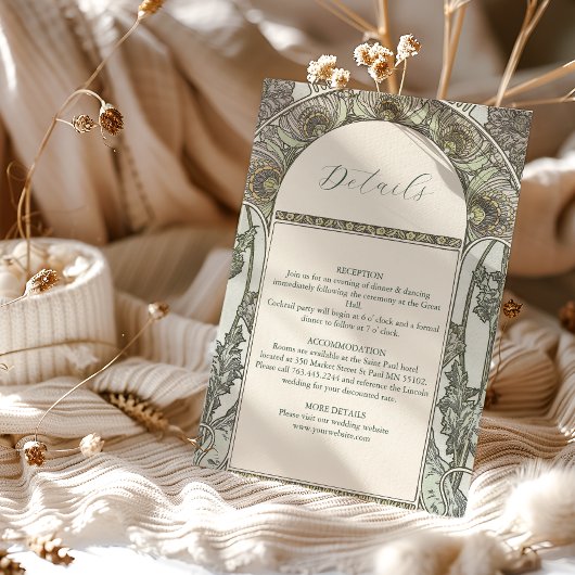 Bougainvillea Green Art Nouveau Mucha Wedding Informatiekaartje