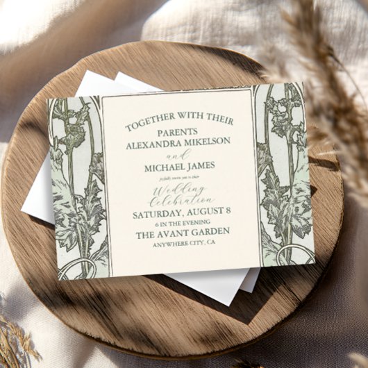 Bougainvillea Green Art Nouveau Mucha Wedding Kaart