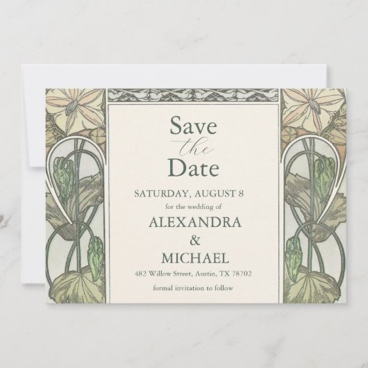 Bougainvillea Green Art Nouveau Mucha Wedding Save The Date (Voorkant)
