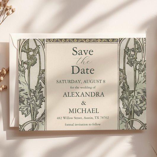 Bougainvillea Green Art Nouveau Mucha Wedding Save The Date