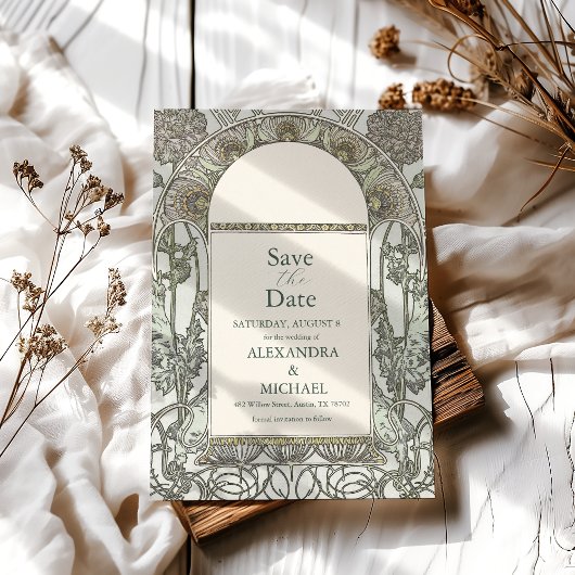 Bougainvillea Green Art Nouveau Mucha Wedding Save The Date