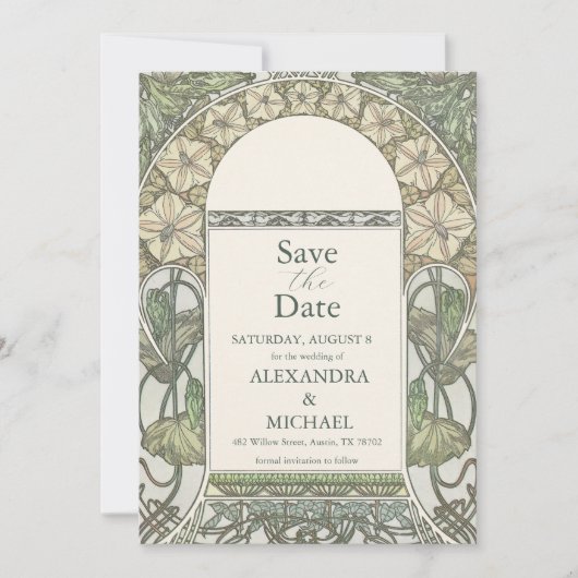 Bougainvillea Green Art Nouveau Mucha Wedding Save The Date (Voorkant)