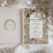 Bougainvillea Green Gold Wedding Art Nouveau Mucha Folie Uitnodiging