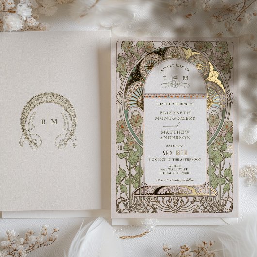Bougainvillea Green Gold Wedding Art Nouveau Mucha Folie Uitnodiging