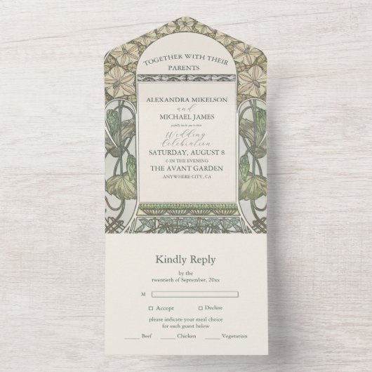 Bougainvillea Groen Art Nouveau Mucha Bruiloft All In One Uitnodiging (Binnen)