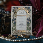 Bougainvillea Navy Blauw Goud Bruiloft Art Nouveau Folie Uitnodiging