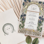 Bougainvillea Navy Blauw Goud Bruiloft Art Nouveau Folie Uitnodiging