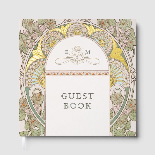 Bougainvillea Navy Blauw Goud Bruiloft Art Nouveau Gastenboek (Voorkant)