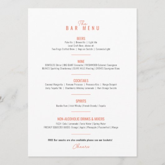 Bougainvillea oranje waterverf trouwbar menu (Voorkant)