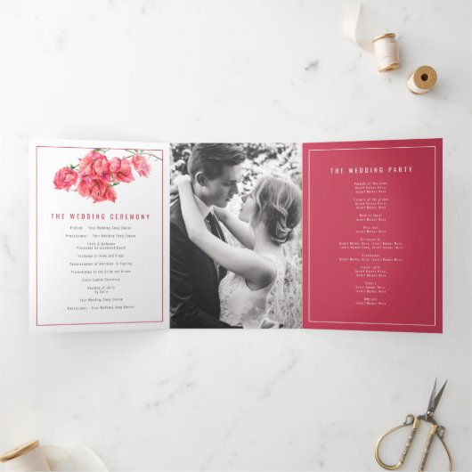 Bougainvillea rode bloemen waterverf bruiloft drieluik programma (Binnen)