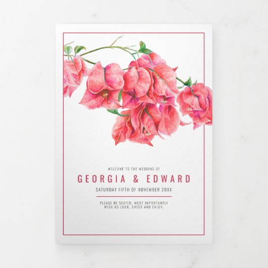 Bougainvillea rode bloemen waterverf bruiloft drieluik programma (Cover)