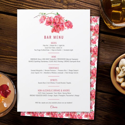 Bougainvillea rood roze waterverf bruiloft Bar Menu
