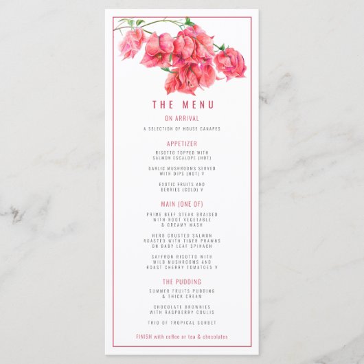Bougainvillea rood roze waterverf bruiloft menu (Voorkant)