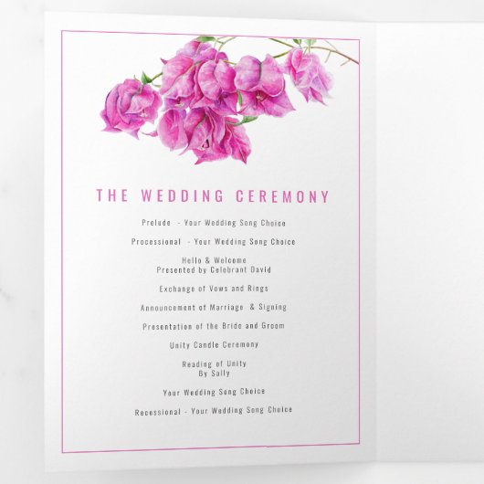 Bougainvillea roze bloemetjes waterverf bruiloft drieluik programma (Binnenzijde eerst)