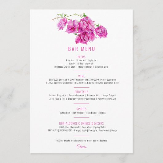 Bougainvillea roze paarse waterverf bruiloft Bar Menu (Voorkant)