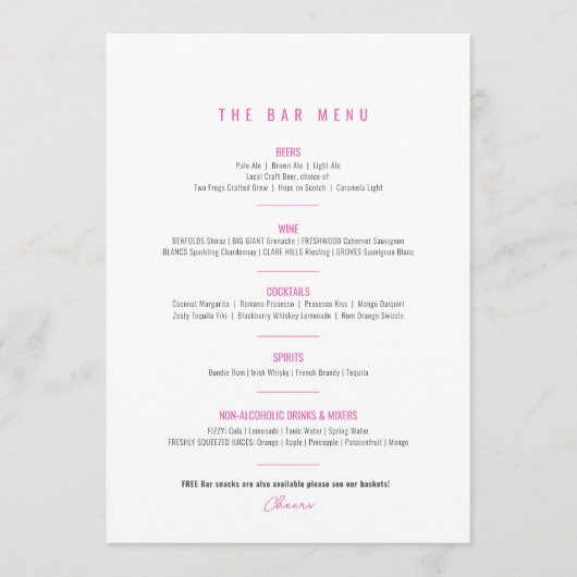 Bougainvillea roze paarse waterverf bruiloft bar menu (Voorkant)