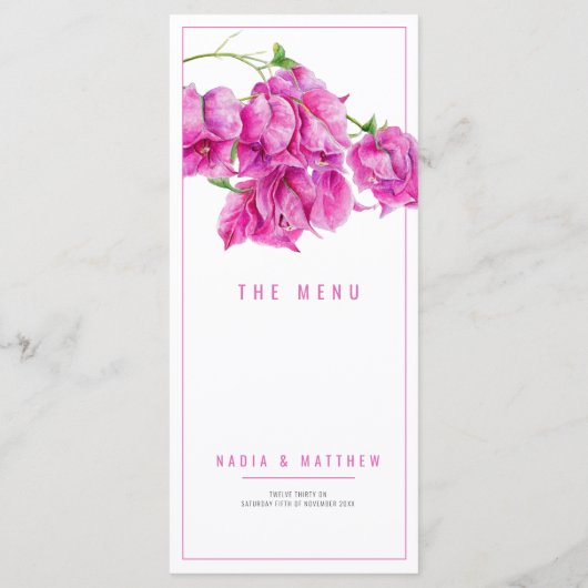 Bougainvillea roze paarse waterverf bruiloft menu (Achterkant)