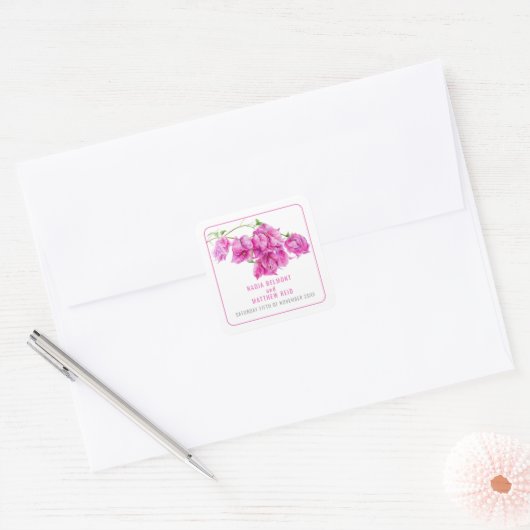 Bougainvillea roze waterverf bruiloft gunst vierkante sticker (Envelop)