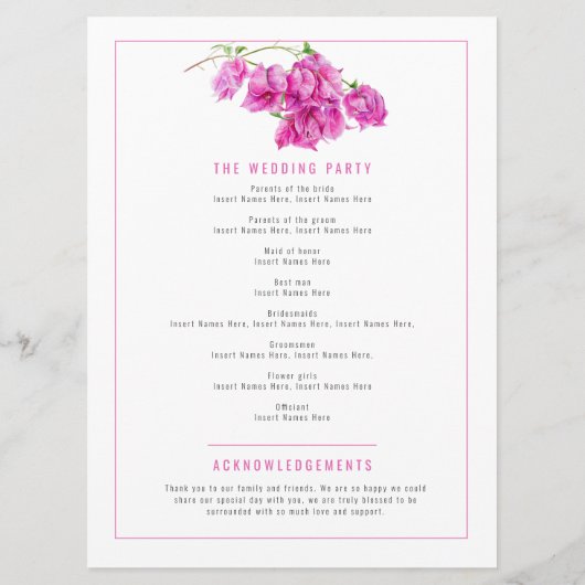 Bougainvillea roze waterverf bruiloft programma programmakaart (Achterkant)