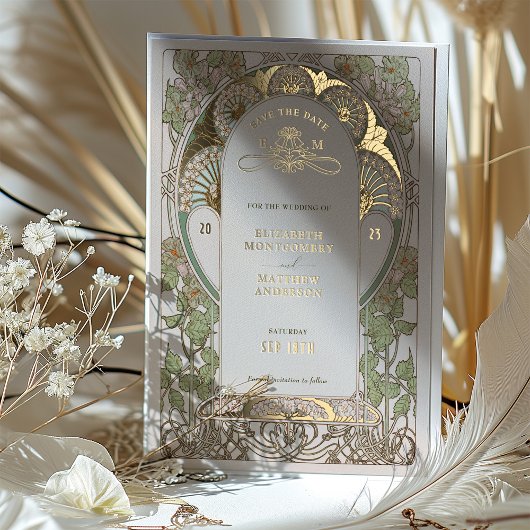 Bougainvillea Save The Date Groen Goud Art Nouveau Folie Uitnodiging