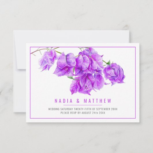 Bougainvillea waterverf paarse witte bruiloftsmaal RSVP kaartje (Achterkant)