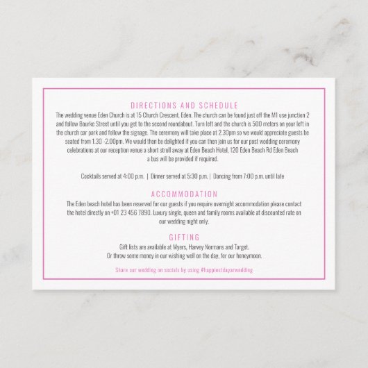 Bougainvillea waterverf roze bruiloft details informatiekaartje (Voorkant)