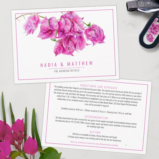 Bougainvillea waterverf roze bruiloft details informatiekaartje